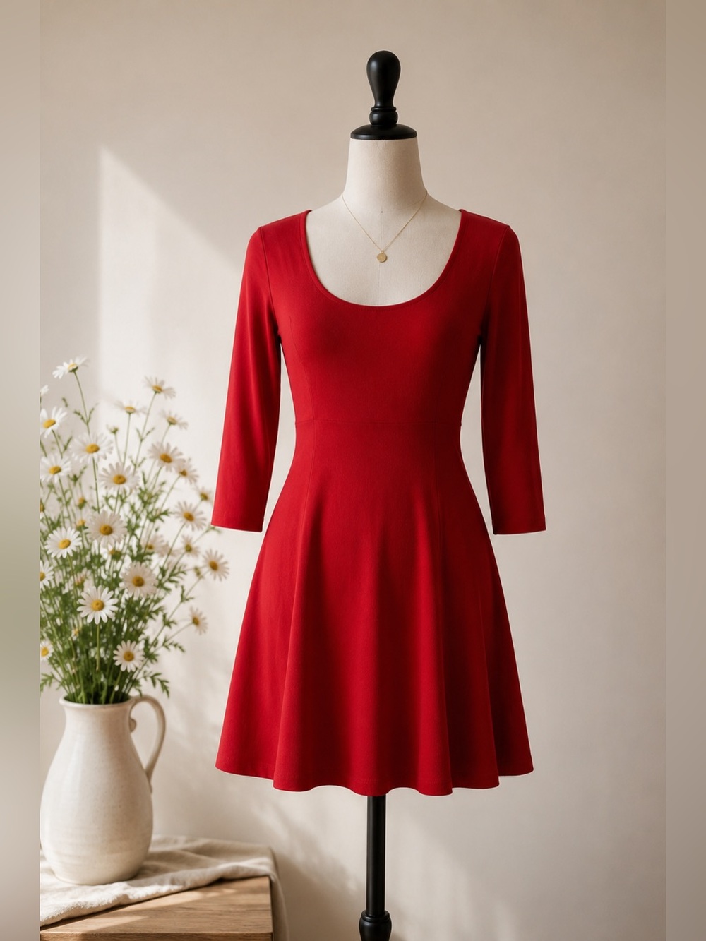 Soprano Red Scoop Neck Fit & Flare Dress with Three-Quarter Sleeves